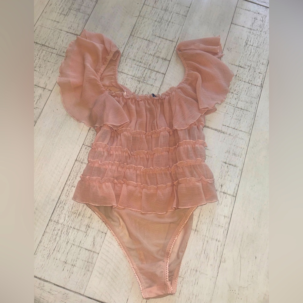 Blue B pink ruffled bodysuit blouse
